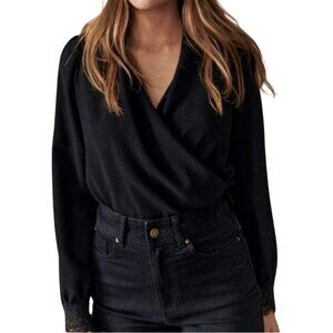 Sezane Amelie Black V-Neck Wrap Blouse Long Sleeve Lace Cuff US 14 Boho